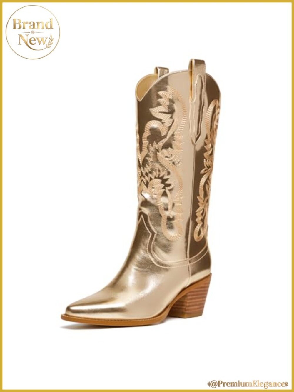 Wide Calf Glitter Metallic Embroidered Cowboy Boots Chunky Heel Pointed Toe